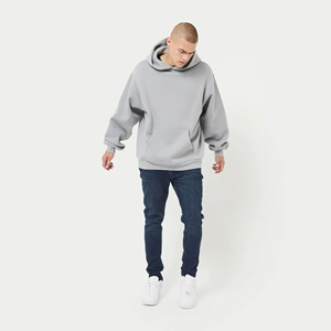 Men's Gray Hooded Sweatshirt Oversized Fit Solid Color Casual Knitted Fleece Breathable Pocket Design Polyester/Cotton Winter - Product Image 1