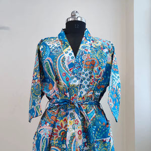 100% Cotton Short-Sleeved V-Neck Luxury <b>Kimono</b> Robe Indian Floral Print Bridesmaid Gift Summer Loungewear for <b>Women</b>/Unisex - Product Image 1