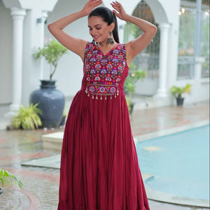 Indian Navratri Designer Women's Elegant Silk Dress Long Gown Mirror work Lace Border Indian Pakistani Style Party Wear - Product Image 1