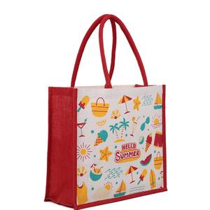Eco-World Bags Bolsa de compras de yute rojo con asa acolchada de algodón Patrón de logotipo personalizado de tamaño mediano para regalos corporativos de viaje Más - Product Image 1
