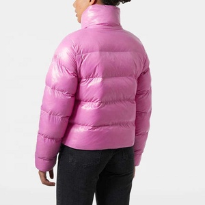 Custom Women's Cropped Puffer Coat Pink Glossy High <b>Neck</b> <b>Padded</b> Outerwear Wholesale Oem Manufacturer Shiny Quilted Bubble Top - Product Image 2