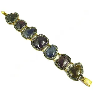 Bracelet chaîne et maillons plaqué or 18 carats pour femme Art Palace avec saphir géométrique serti clos, bijoux de luxe tendance pour soirée - Product Image 2