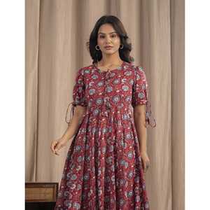 Vestido Casual de Algodón Mulmul Color Granate con Estampado a Mano, Diseño Personalizado, Cintura Natural, Transpirable, Tallas Grandes para XS, Ropa para un Día - Product Image 1