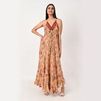 Robe longue élégante en soie sari de Bohème, col en V profond, bretelles réglables, tissu léger, ourlet évasé, robe d'été décontractée