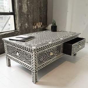 <b>Bone</b> Inlay Drawer Coffee Table Handcrafted Wooden Furniture With Timeless Decorative Character - Product Image 6