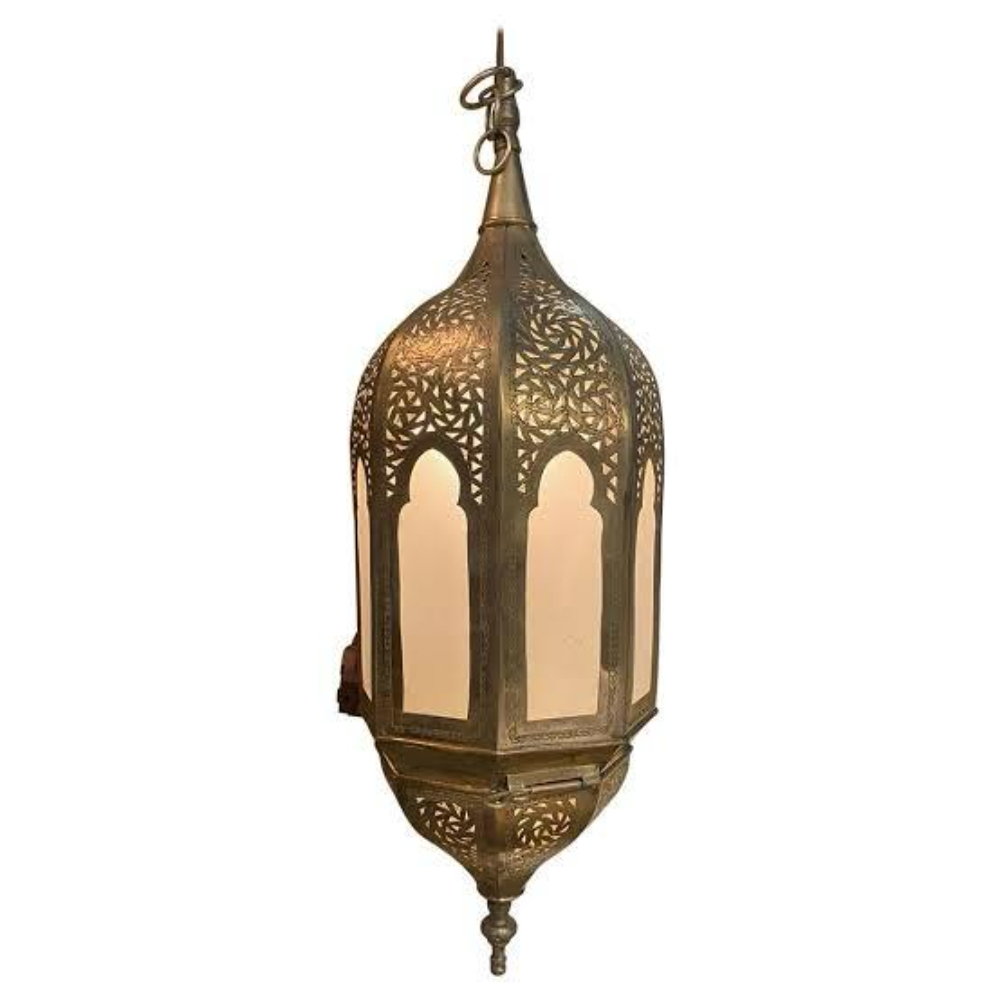 Handmade Modern Moroccan Brass Hanging Lantern Pendant Light with White Glass Metal Ceiling Lamp for Home Hotel Christmas Decor
