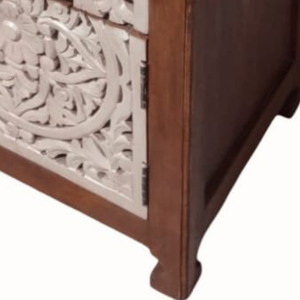 Mesita de noche de madera maciza tallada a mano Panel blanco Puerta Acabado marrón oscuro Mesita de noche - Product Image 4