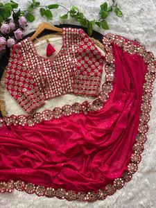 Heavy Faux Georgette Saree con Secuencia y trabajo de espejo real para todos los eventos con borlas adjuntas - Product Image 5