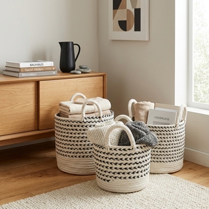 Hand Woven Recycled Plastic <b>Rope</b> <b>Storage</b> <b>Basket</b> Set Black White Arrow Stripe Arch Handle Pot Planter Setup Decor Pure Art Design - Product Image 6