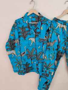 Conjunto de Pijama de Lujo para Mujer, 100% Algodón, Estampado de Animales de la Selva, Cuello en V, Mangas Largas, Largo Completo, Ropa de Dormir de Verano, Combo de Regalo, Estilo Rajasthan - Product Image 4