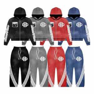 ชุดเซ็ตเสื้อฮู้ดมีซิปและกางเกงจ็อกเกอร์ผ้าฟลีซสีพื้นแบบกำหนดเองสำหรับผู้ชาย-ทรงปกติ มีกระเป๋าข้าง เหมาะสำหรับใส่ในฤดูหนาว - Product Image 1