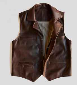 Gilet d'hiver décontracté pour homme en cuir marron expresso et laine, écologique, séchage rapide, respirant, col mandarin, style western cowboy rancher - Product Image 2
