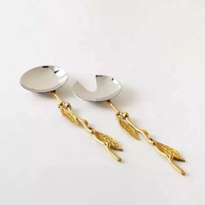 Latest Design Stainless Steel <b>Serving</b> <b>Spoon</b> & Fork with Brass Gold Handle for Home & Hotels Tableware Salad Server - Product Image 4