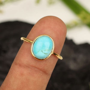 Natural Arizona <b>Turquoise</b> Gemstone <b>Ring</b> Unisex 925 Sterling Silver 18K Micron <b>Gold</b> Plated 8x10mm Oval Style Trendy Women's Party - Product Image 1