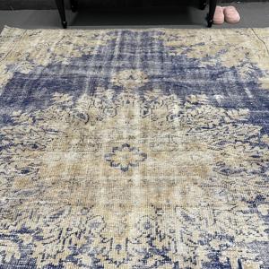 Alfombra Turca, Alfombra Vintage de 6.5x8 pies, Alfombra de Lana Azul Beige Estilo Suroeste - Product Image 4