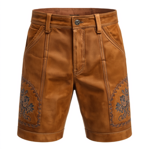 Pantalones Cortos de Cuero Genuino de Ante Color Bronceado Personalizados con Bordado Tradicional para Festivales, Proveedor OEM - Product Image 1