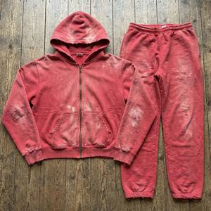 Chándal Vintage Personalizado al por Mayor, Grueso, Ecológico, Lavado Ácido, para Hombre, con Costuras Deshilachadas, Sudadera con Capucha y Cremallera Completa, Pantalones Deportivos - Product Image 1