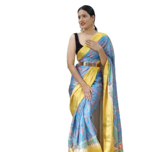 Ready to wear Soft pure jute silk kalamkari theme printed saree and rich printed pallu with beautiful tussles or running blouse