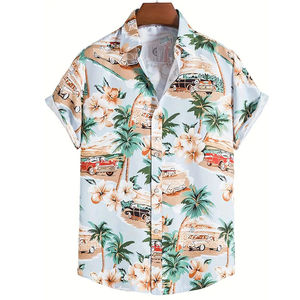 100% algodón, camiseta para hombre, ajuste holgado, camisa hawaiana informal estampada para hombre con estampado de árbol de coco, Manga corta antiarrugas - Product Image 1