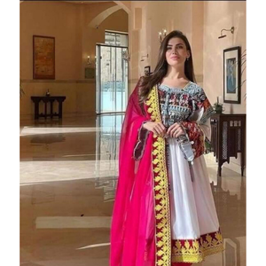 Última ropa tradicional india y paquistaní vestido afgano transpirable para mujeres 2024 cómodo nuevo estilo Color blanco y rosa - Product Image 5