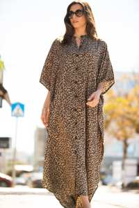 Femmes élégant imprimé léopard col en v sans manches longueur au sol décontracté été imprimé fleuri plissé 100% coton Maxi robe - Product Image 6