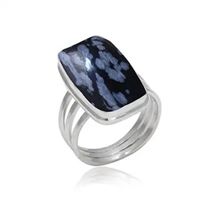 Luxueux 925 Sterling Silver Girls' Gemstone Ring Handmade Princess Cut Snowflake Obsidian for WeddingStamped Jewelry - Product Image 1