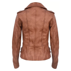 Señoras 100% Nappa Real Leather Biker Jacket Tan Soft Multi Zip Short Coat Chaqueta para mujer - Product Image 4