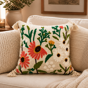 Cojín Decorativo Bordado a Mano con Flores de Algodón, Cojín Boho con Borlas para Decoración del Hogar - Product Image 3