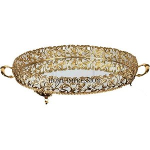 Cadre en métal de créateur de fleurs et de feuilles plaqué or de haute qualité en aluminium coulé avec plateau de miroir en verre de forme ronde - Product Image 1