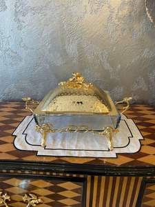 Plat de service avec couvercle pour la maison, les restaurants et les ustensiles de cuisine décor de plat de service en laiton et verre de couleur dorée - Product Image 6