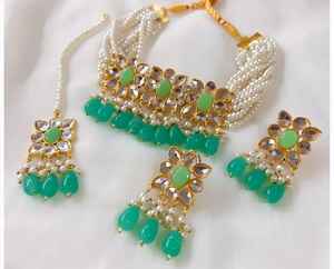 Fashion Heavy Wedding Arabic Bridal Multi Colored Necklace Earrings Two Piece <b>Blue</b> Champagne Quartz Gold Plated Jewelry Sets - Product Image 4