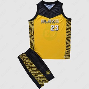 ชุดเสื้อบาสเก็ตบอล Blaze Sportswear แบบ unisex แขนกุด คอวี หมายเลข 23 สีเหลืองดำ พิมพ์ลายแบบ Sublimation ระบายเหงื่อได้ดี ทรงหลวม ด้านหน้า 100% - Product Image 2
