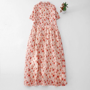 Robe décontractée à manches courtes en coton lin rose fleuri pour femmes 2025 été nouvelle mode coréenne ample tempérament - Product Image 5