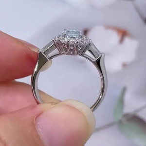 Women's 3ct Lab Diamond Fancy Vivid <b>Blue</b> Radiant White Tap Baguette Shape Halo Three Stone Ring 14K White Gold VS Clarity IGI - Product Image 3