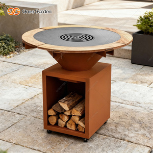 Barbecue extérieur moderne en acier corten rouillé avec foyer et roues, certifié CE, thermolaqué pour usage en jardin et cuisine - Product Image 4
