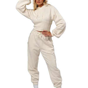 Venta al por mayor French Terry Zip Up Crop Jacket Set Señoras Buena calidad Sweatsuits Chándal Set 2 Dos piezas - Product Image 1