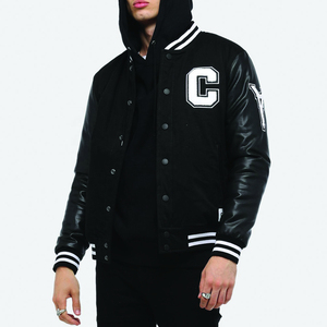 SINEWY SPORTS <b>Men's</b> Black Varsity <b>Jacket</b> PU Leather Sleeves Chenille Patch Embroidery Snap Button Closure Streetwear Autumn Wear - Product Image 5