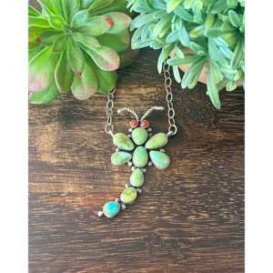 Collier libellule religieux en argent sterling avec turquoise, corail et or Sonoran, motif insecte, perle et diamant, par Andrew James – Cadeau - Product Image 1