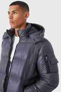 Veste bouffante à capuche en polyester brillant de conception personnalisée en gris veste à bulles d'extérieur d'hiver chaude et coupe-vent avec poches - Product Image 6