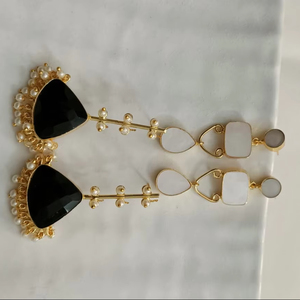 Trendy White And Black Stone <b>Long</b> <b>Earrings</b> Indian Jewellery Dangle Drop Gold Plated Brass Big Chunky Fashion Jewellery - Product Image 2