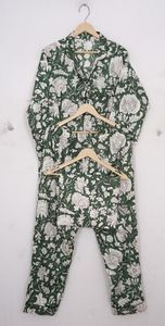 ชุดนอนพิมพ์ลายบล็อกด้วยมือสีเขียวชุดนอนพิมพ์ลายดอกไม้สีเขียว - Product Image 4