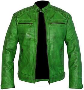 Veste de motard matelassée en cuir véritable vert Style rétro - Product Image 1