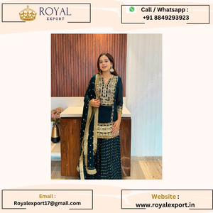 Faux Georgette lourde avec une séquence de broderie lourde avec un vrai travail de miroir et une bordure en dentelle fantaisie - Product Image 4