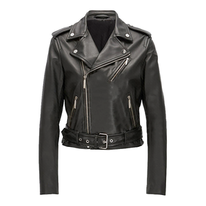Chaqueta de cuero de gama alta para mujer con silueta de Moto clásica de piel de oveja genuina con cuello levantado y ajuste ajustado a medida - Product Image 6