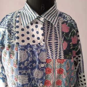 Unisex Patchwork Handblock Impreso Azul Tono Camisa Hombre Elegante Camisa unisex - Product Image 1