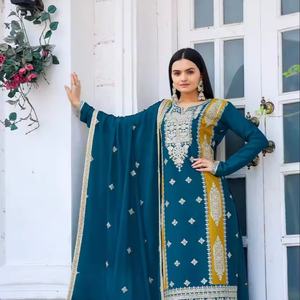 Lanzamiento de nuevo diseñador Party Wear Look Fancy Silk Top Bottom y Dupatta Set con bordado Secuencia Trabajo Color elegante - Product Image 1