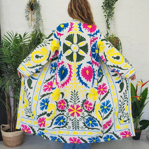 Multicolor Cotton Kimono with Embroidered Mandarin Collar Festival <b>Coat</b> - Product Image 1