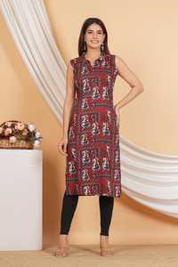 Money fab Sleeve less Rayon Printed Kurti for <b>Women</b> Ethnic Straight Kurta with Collared Neck Black & Multi color - Product Image 3