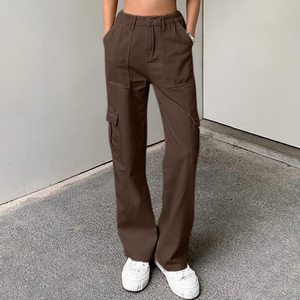 Venta al por mayor High Street Style Ladies Cargo Pants Pantalones casuales de cintura alta con bolsillo frontal plano para mujeres - Product Image 2