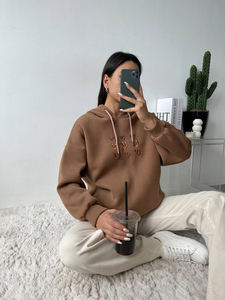 Dernier modèle de sweat à capuche pour femme en brun clair, à épaules tombantes, coupe décontractée, brodé, anti-froissement et respirant, sweat à capuche pour femme de la rue - Product Image 6